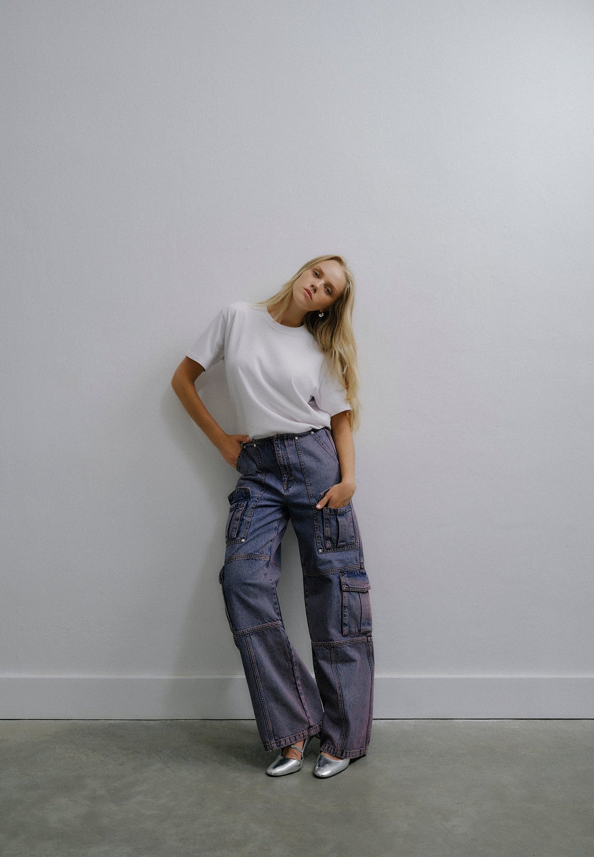 Wide Leg Cargo Pants - PURPLE MID DENIM