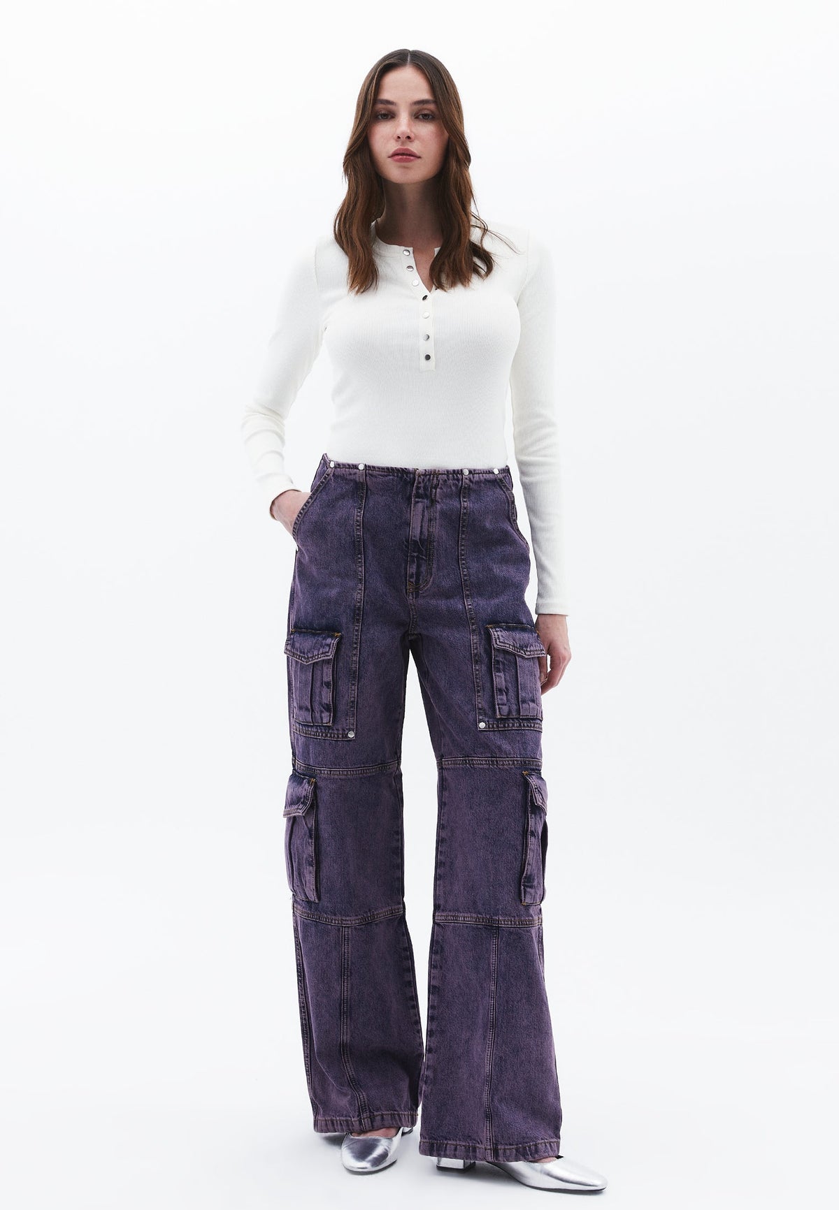 Wide Leg Cargo Pants - PURPLE MID DENIM