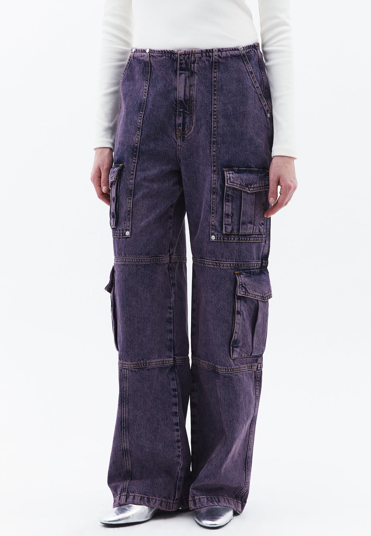 Wide Leg Cargo Pants - PURPLE MID DENIM