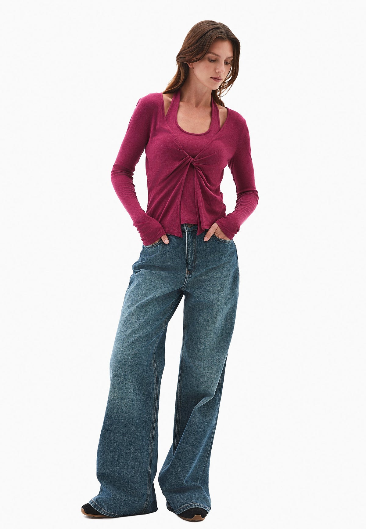 V Neck Long Sleeve T-Shirt - RASBERRY COULIS