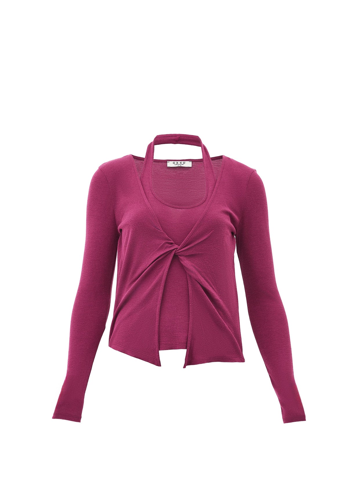 V Neck Long Sleeve T-Shirt - RASBERRY COULIS