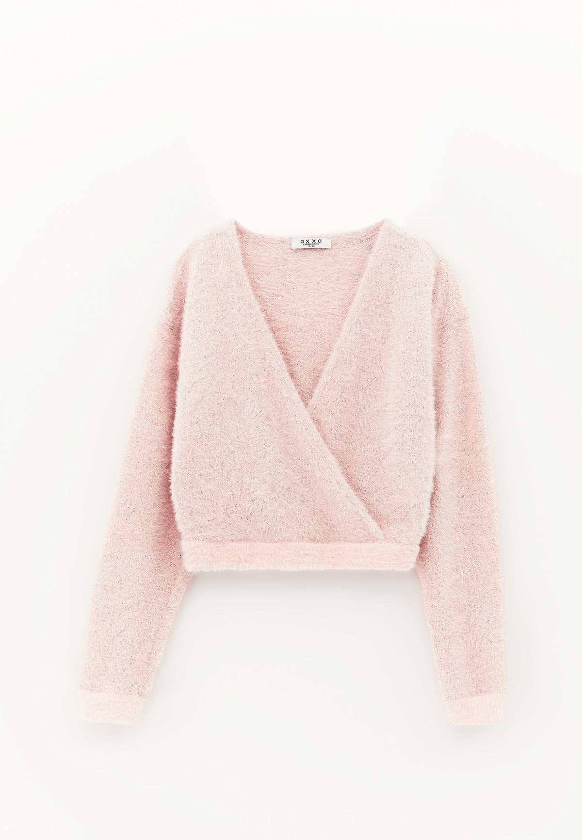 Wrap Neck Long Sleeve Knit Looking Sweater - ROSE SMOKE