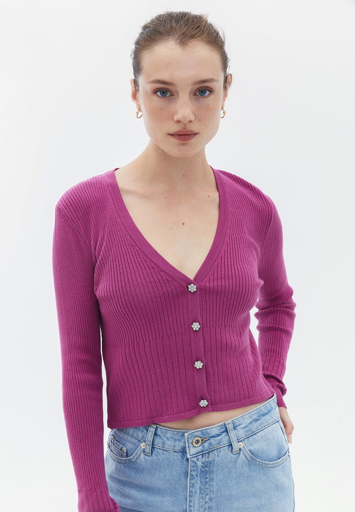 Deep V Neck Raglan Sleeve Buttoned Cardigan - ROSE SORBET