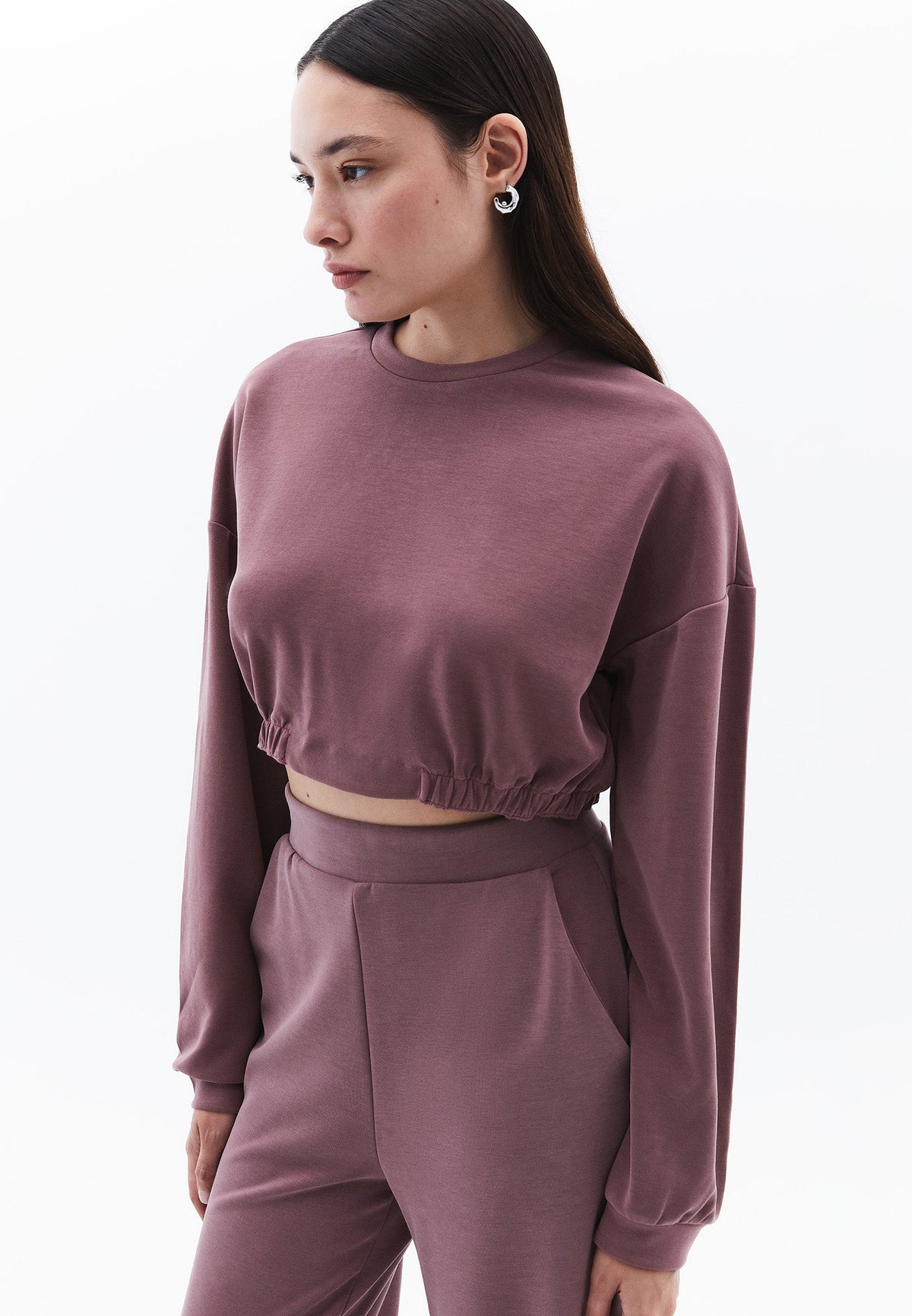 Crew Neck Long Sleeve Cropped Sweatshirt - ROSE TAUPE