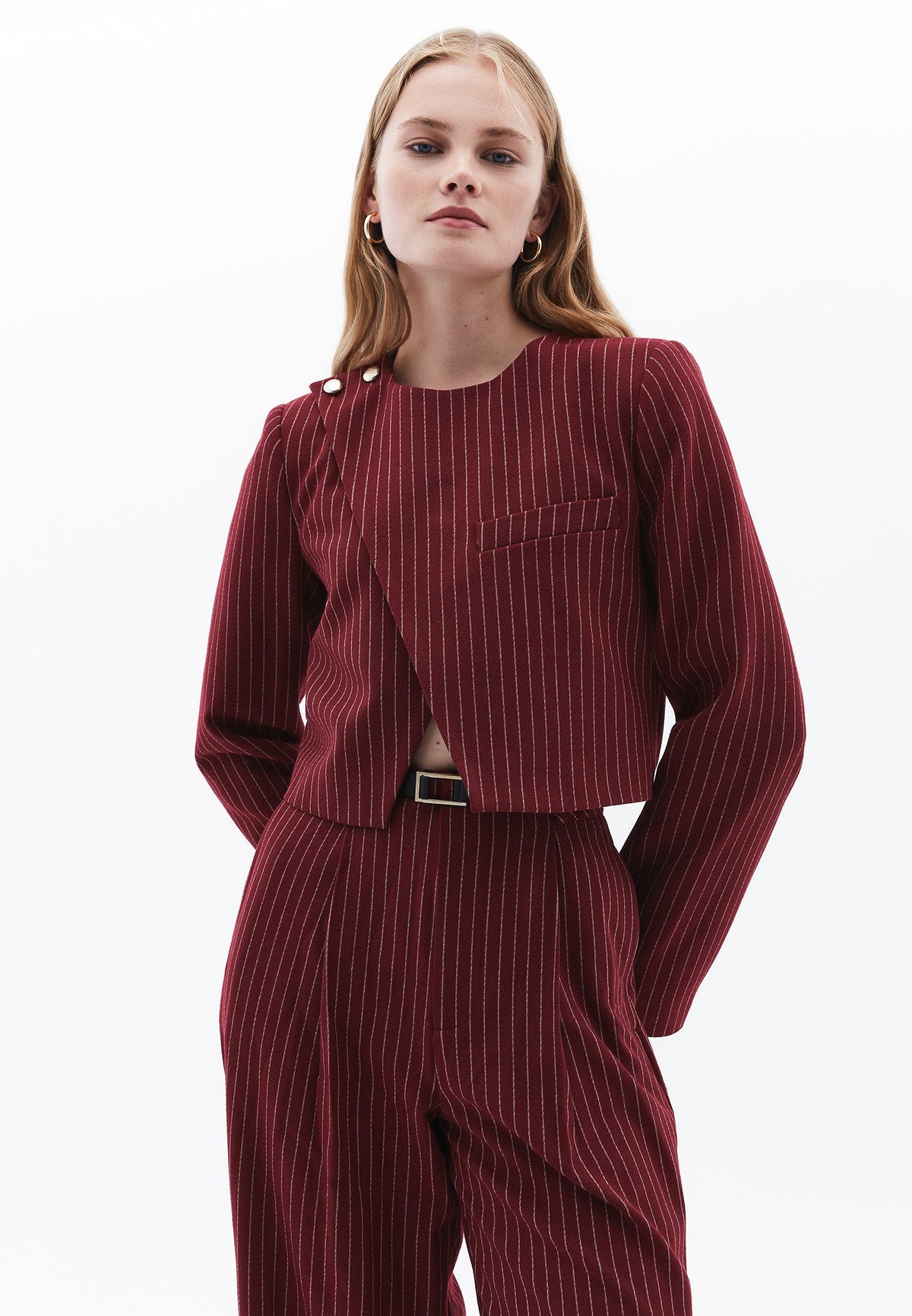 Asymmetric Striped Cropped Blazer Jacket - RUMBA RED