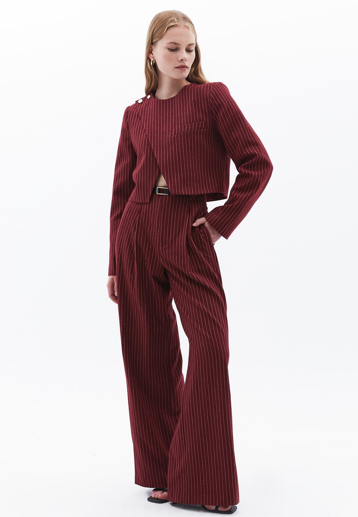 Asymmetric Striped Cropped Blazer Jacket - RUMBA RED