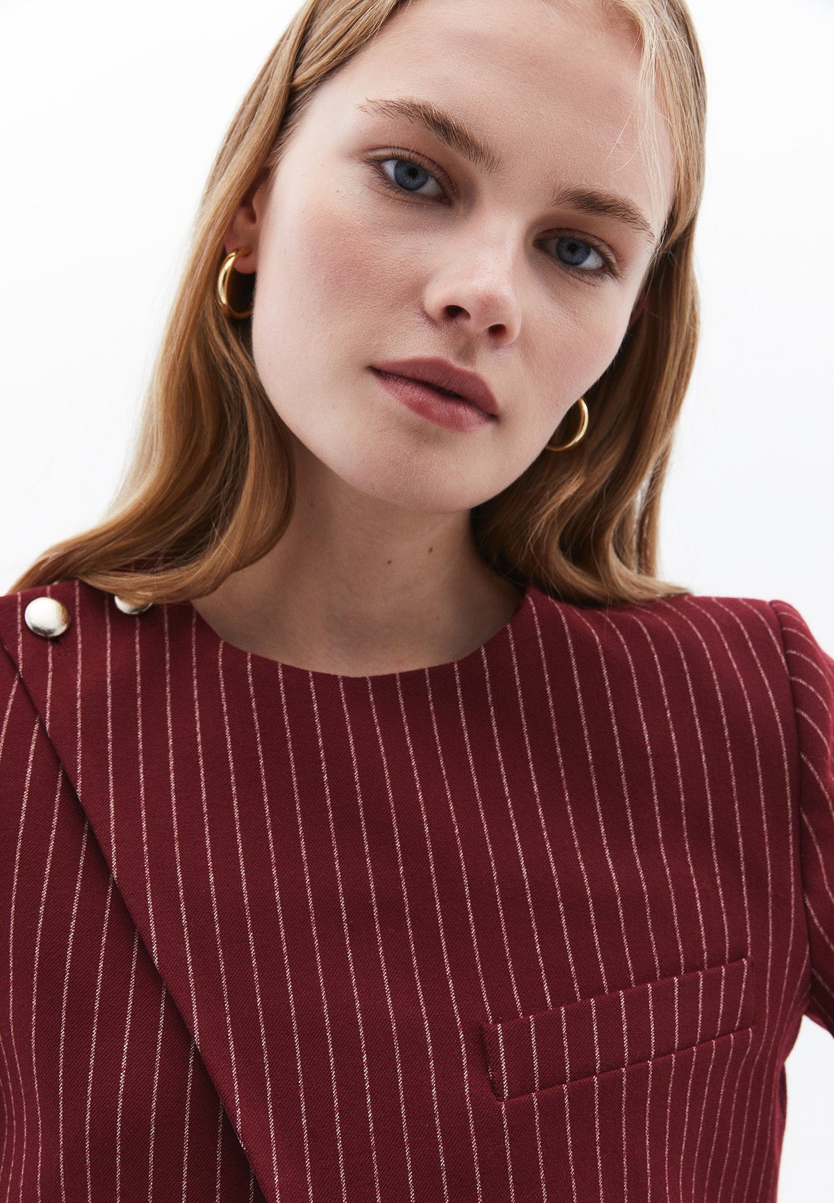 Asymmetric Striped Cropped Blazer Jacket - RUMBA RED