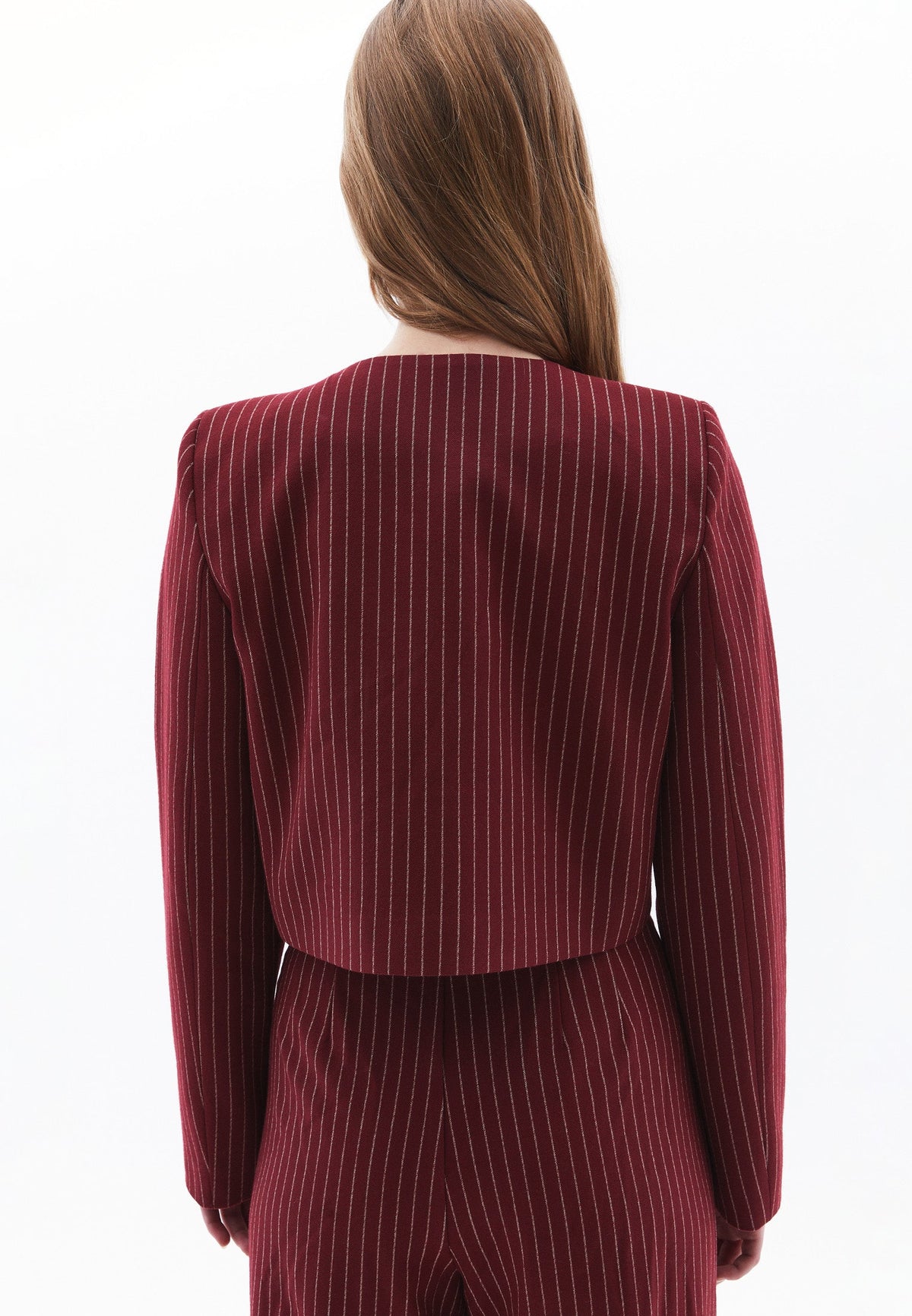 Asymmetric Striped Cropped Blazer Jacket - RUMBA RED
