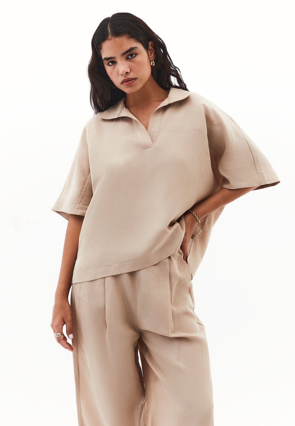 Polo Collar Oversize Blouse - SAVANNAH TAN