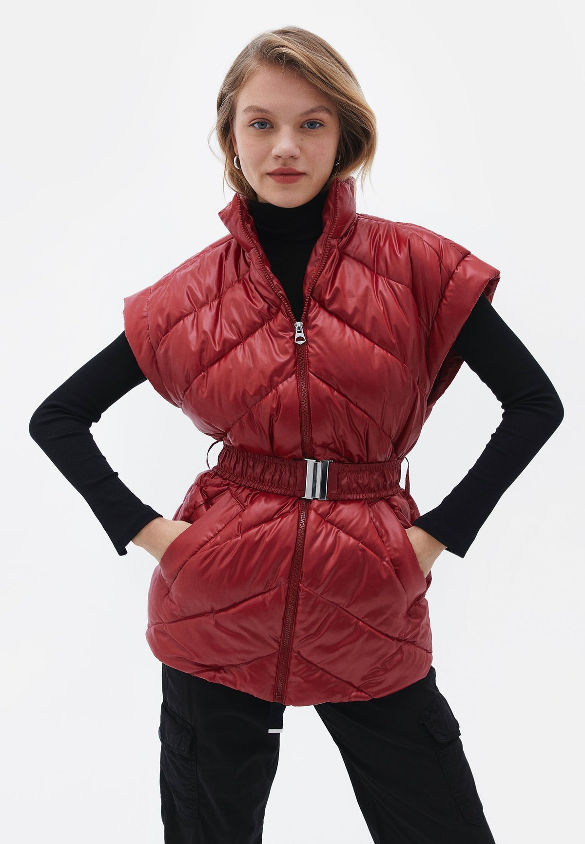 Vest With Belted Collar Detail - SAVVY RED