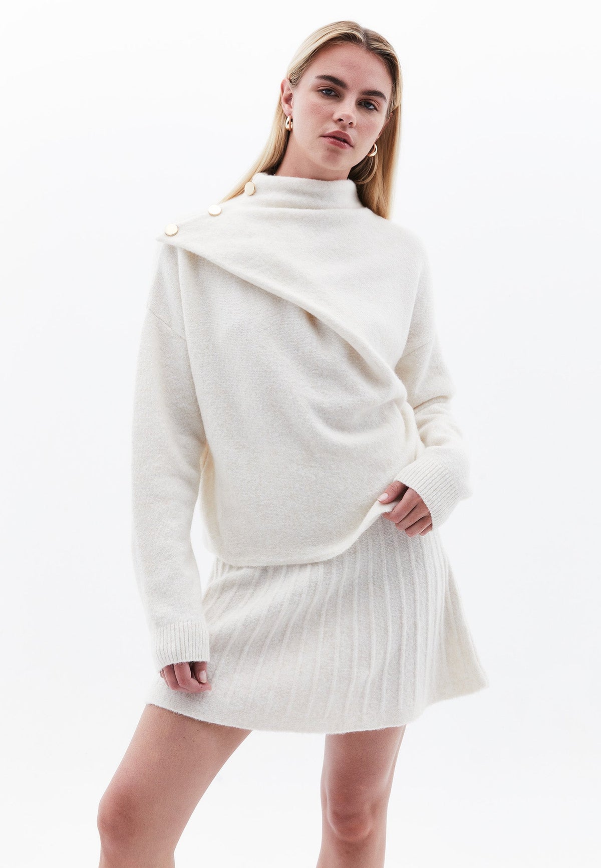 High Neck Button Detailed Sweater - SILVER BIRCH