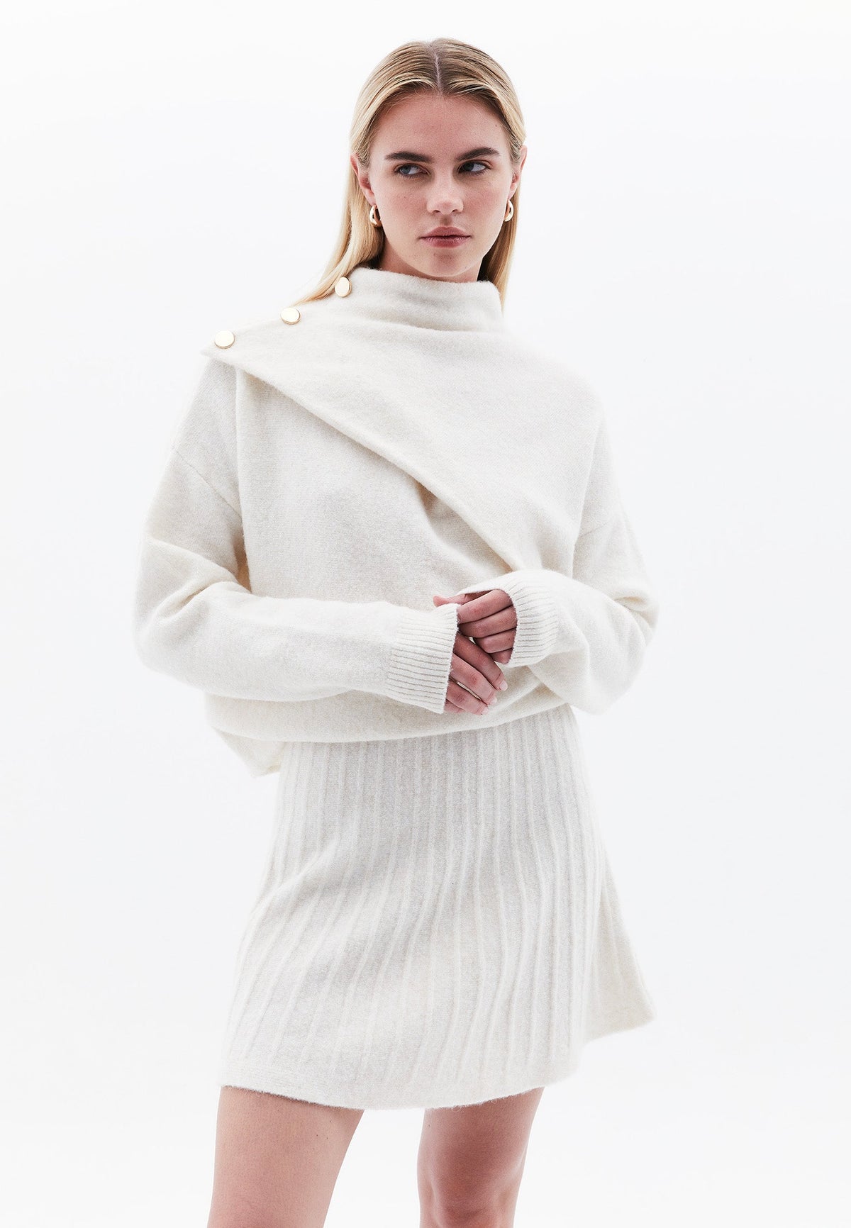 High Neck Button Detailed Sweater - SILVER BIRCH