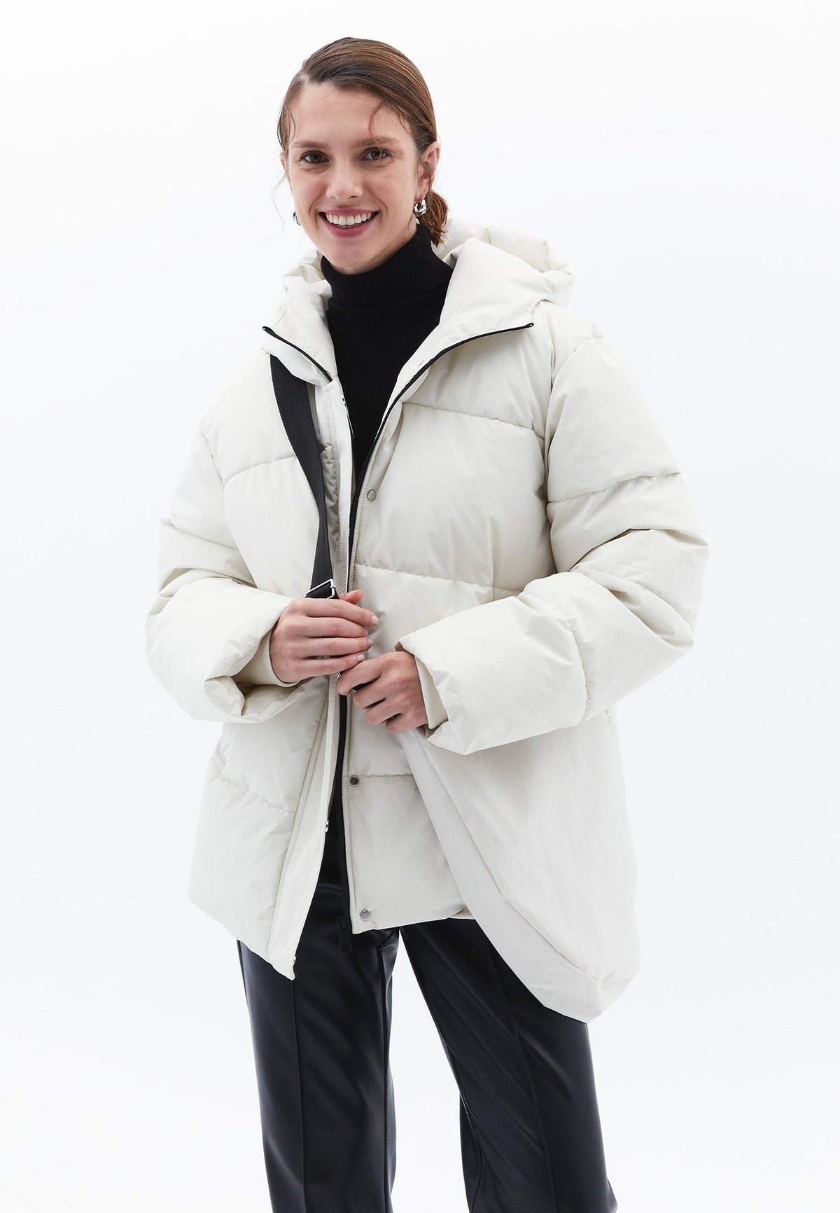High Collar Long Sleeved Women's Coat - SILVER BIRCH