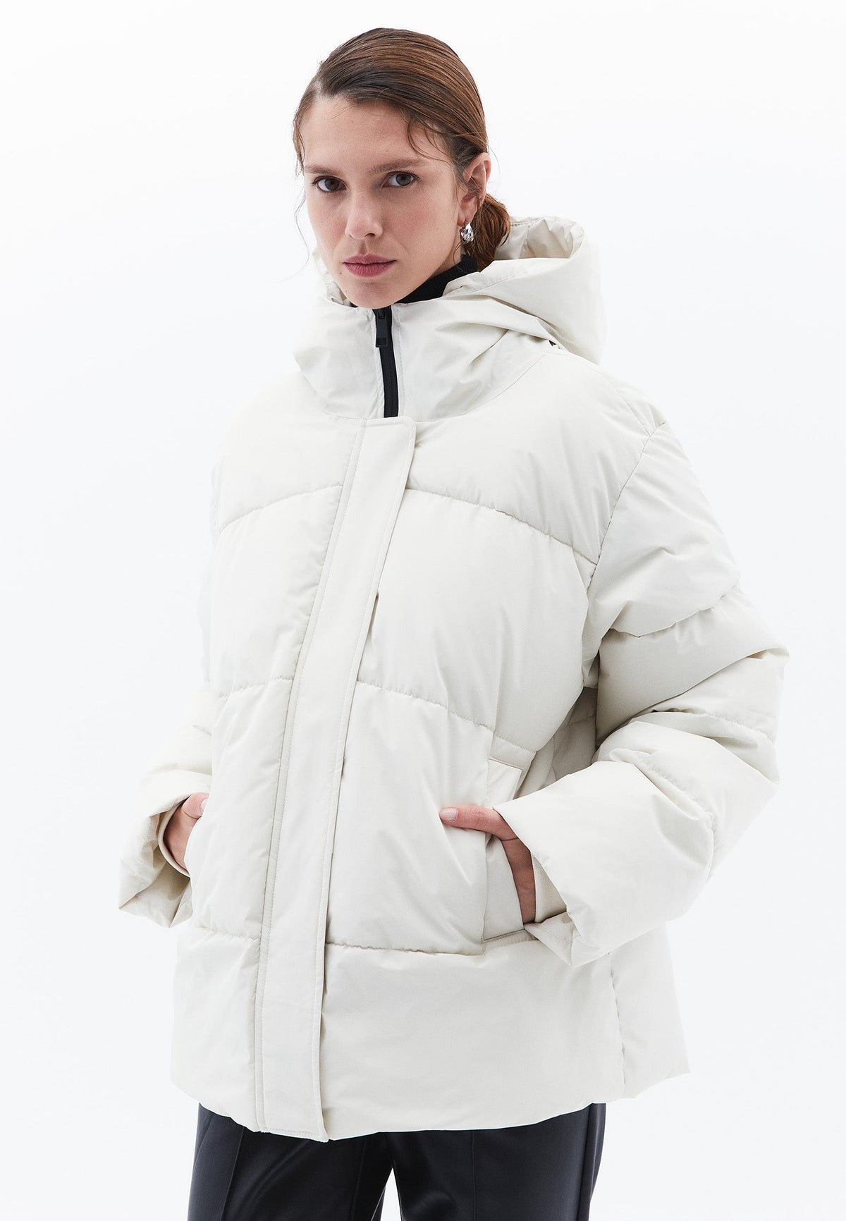 High Collar Long Sleeved Women's Coat - SILVER BIRCH