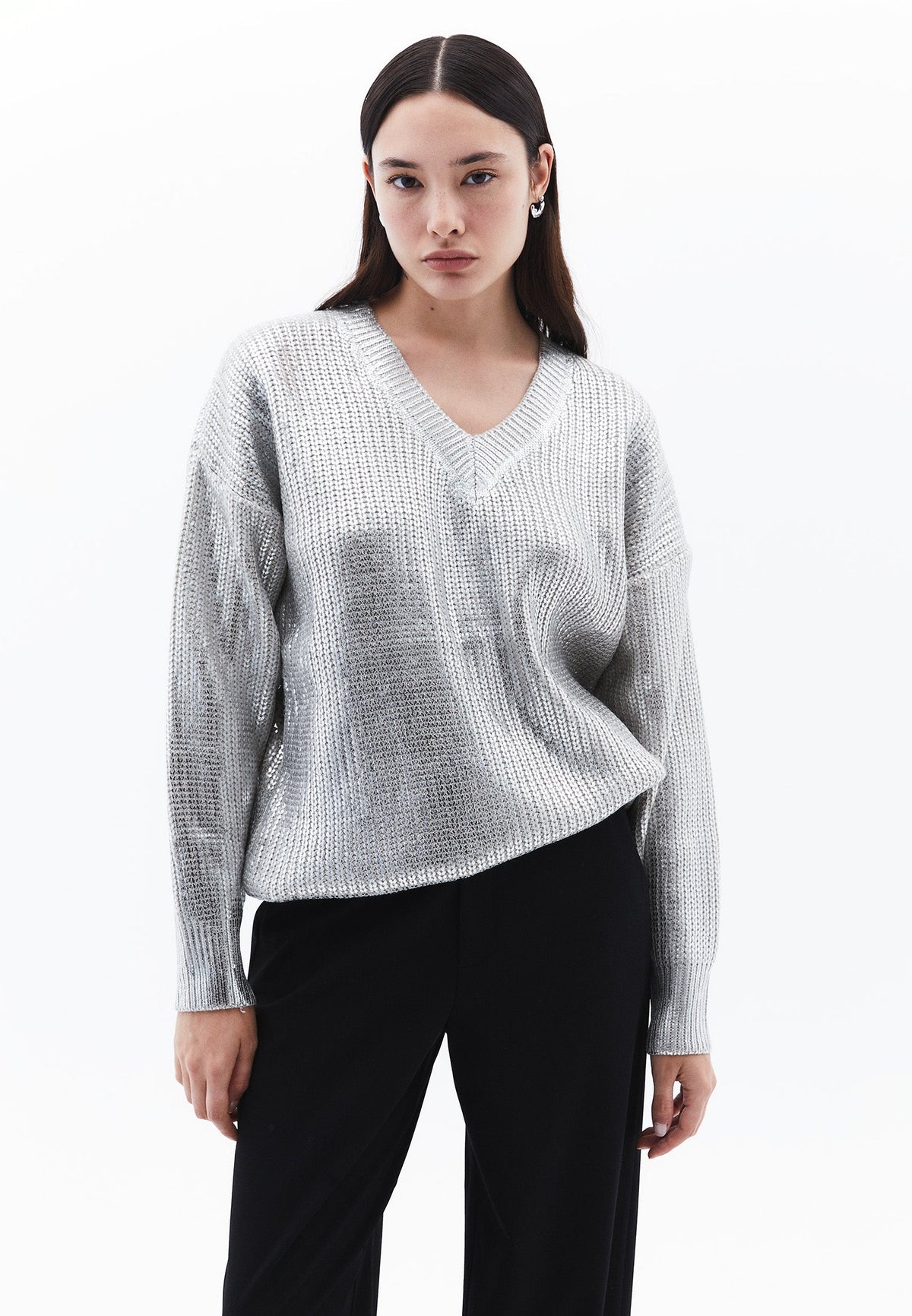 Loose Sweater With V Neck - SILVER