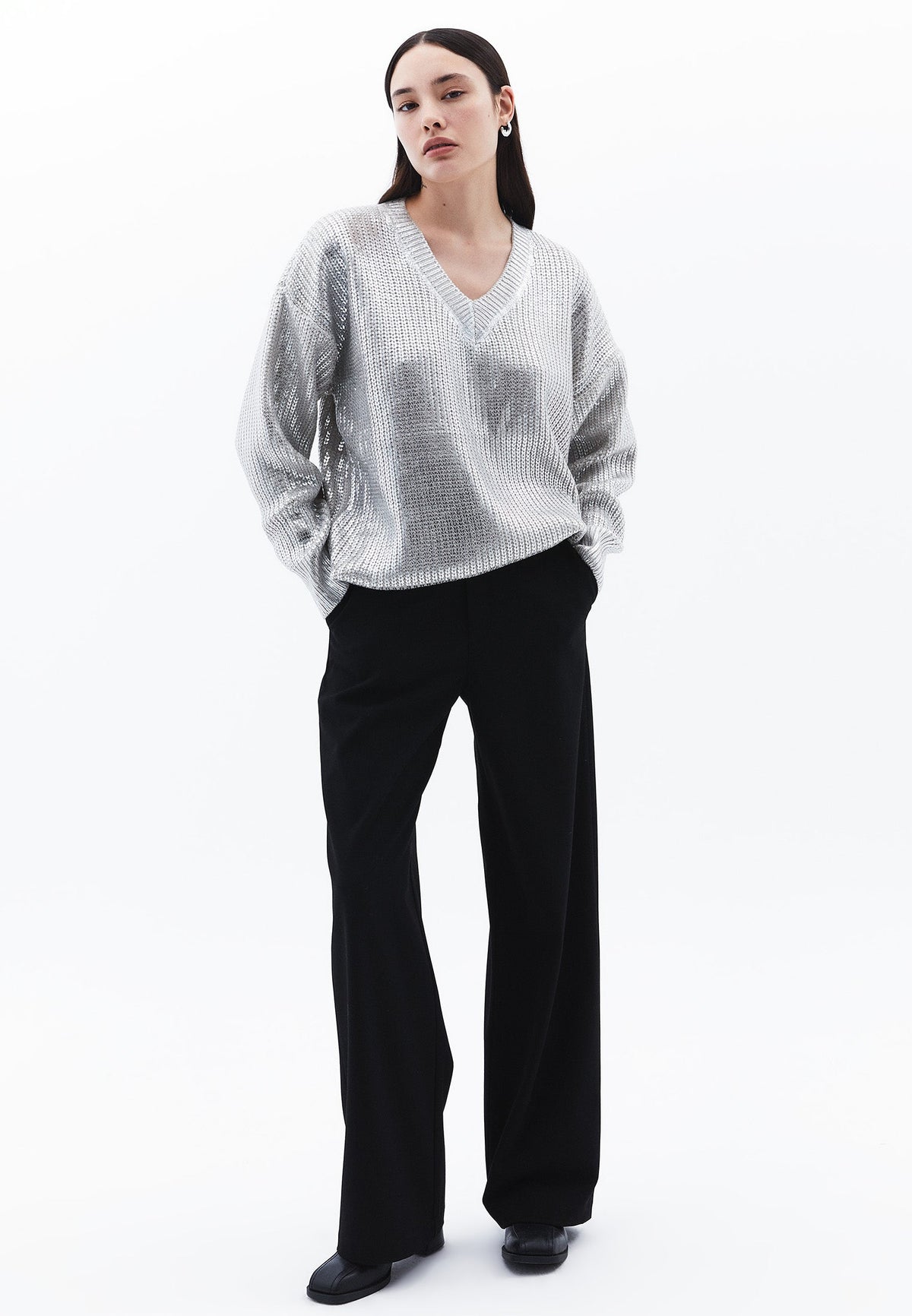 Loose Sweater With V Neck - SILVER