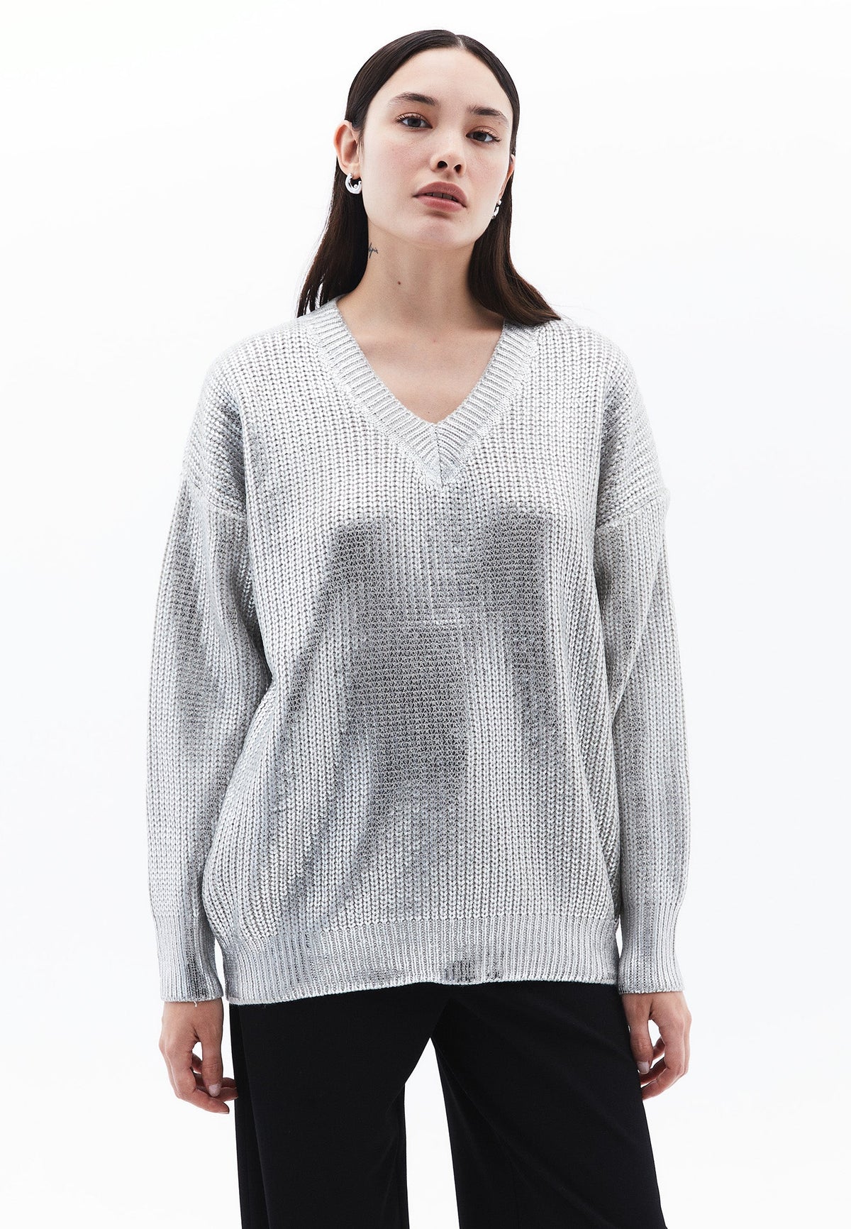 Loose Sweater With V Neck - SILVER