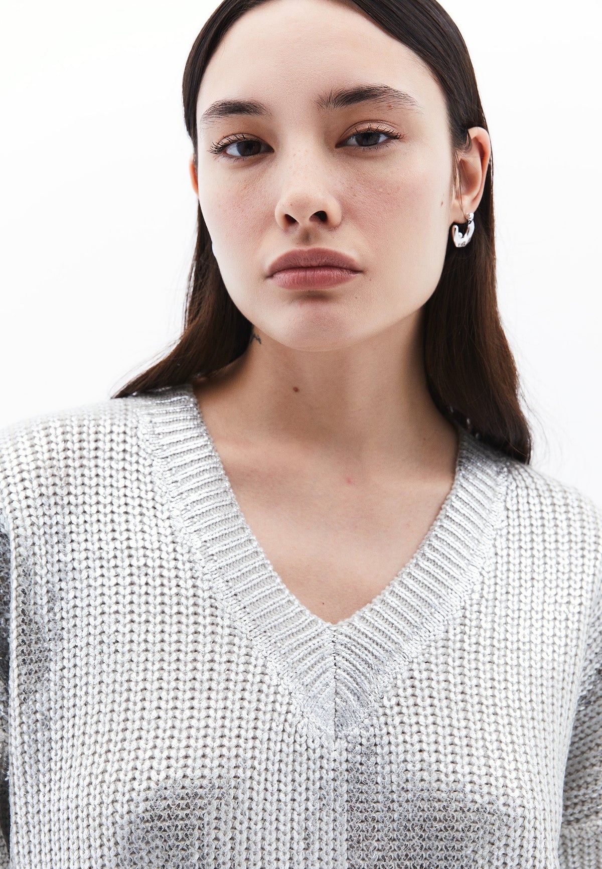 Loose Sweater With V Neck - SILVER