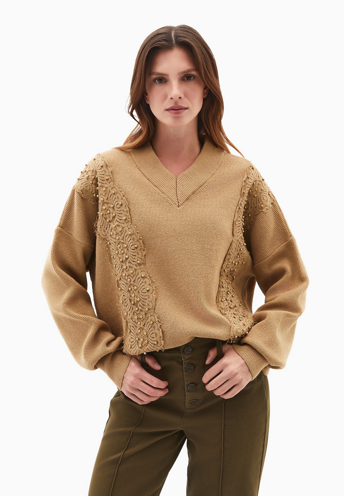 V Neck Embroidered Long Sleeve Sweater - STARFISH