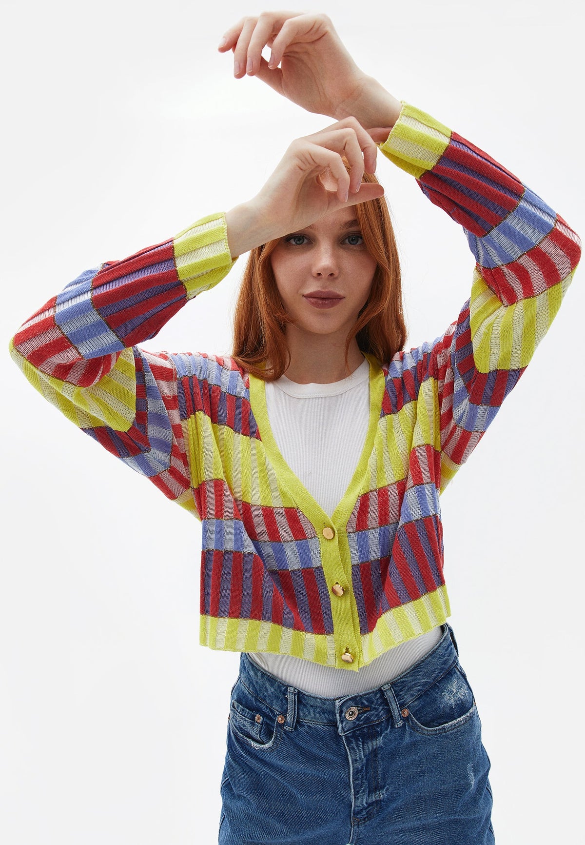 Loose Fit V Neck Button Detailed Cardigan - STRIPE COMB