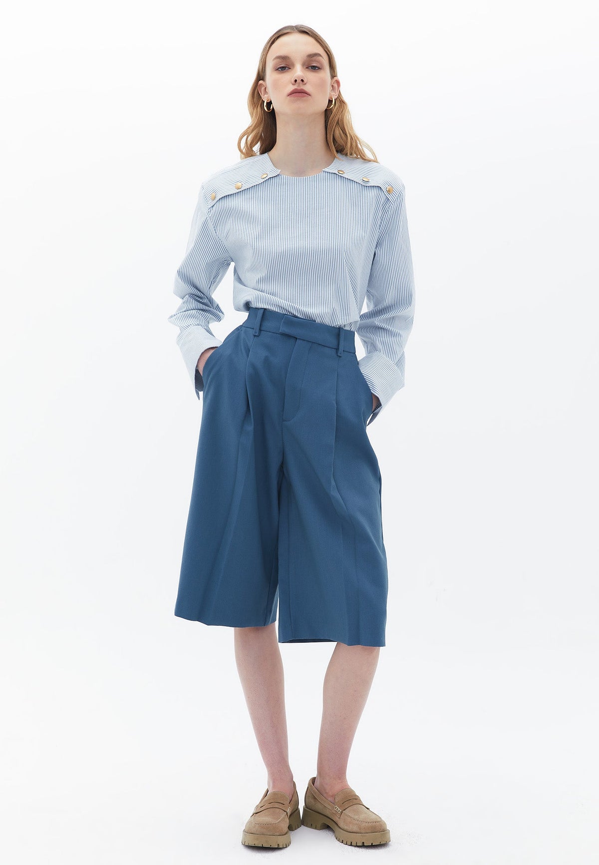 Long Sleeve Blouse With Button Detail - STRIPE COMB
