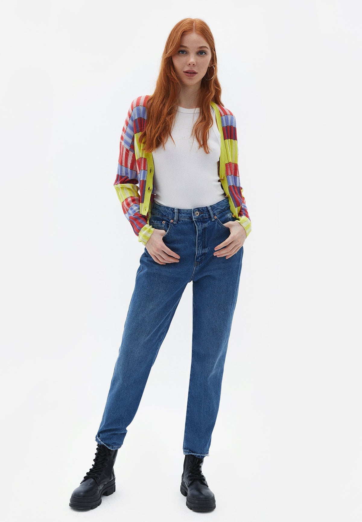 Loose Fit V Neck Button Detailed Cardigan - STRIPE COMB
