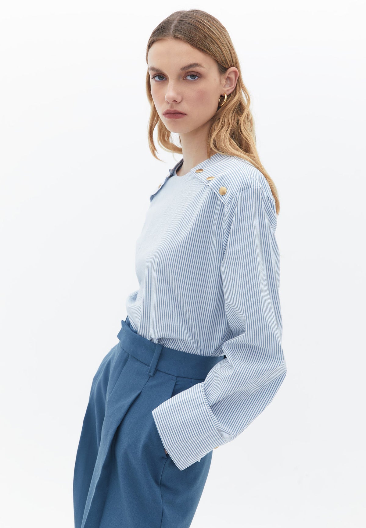 Long Sleeve Blouse With Button Detail - STRIPE COMB