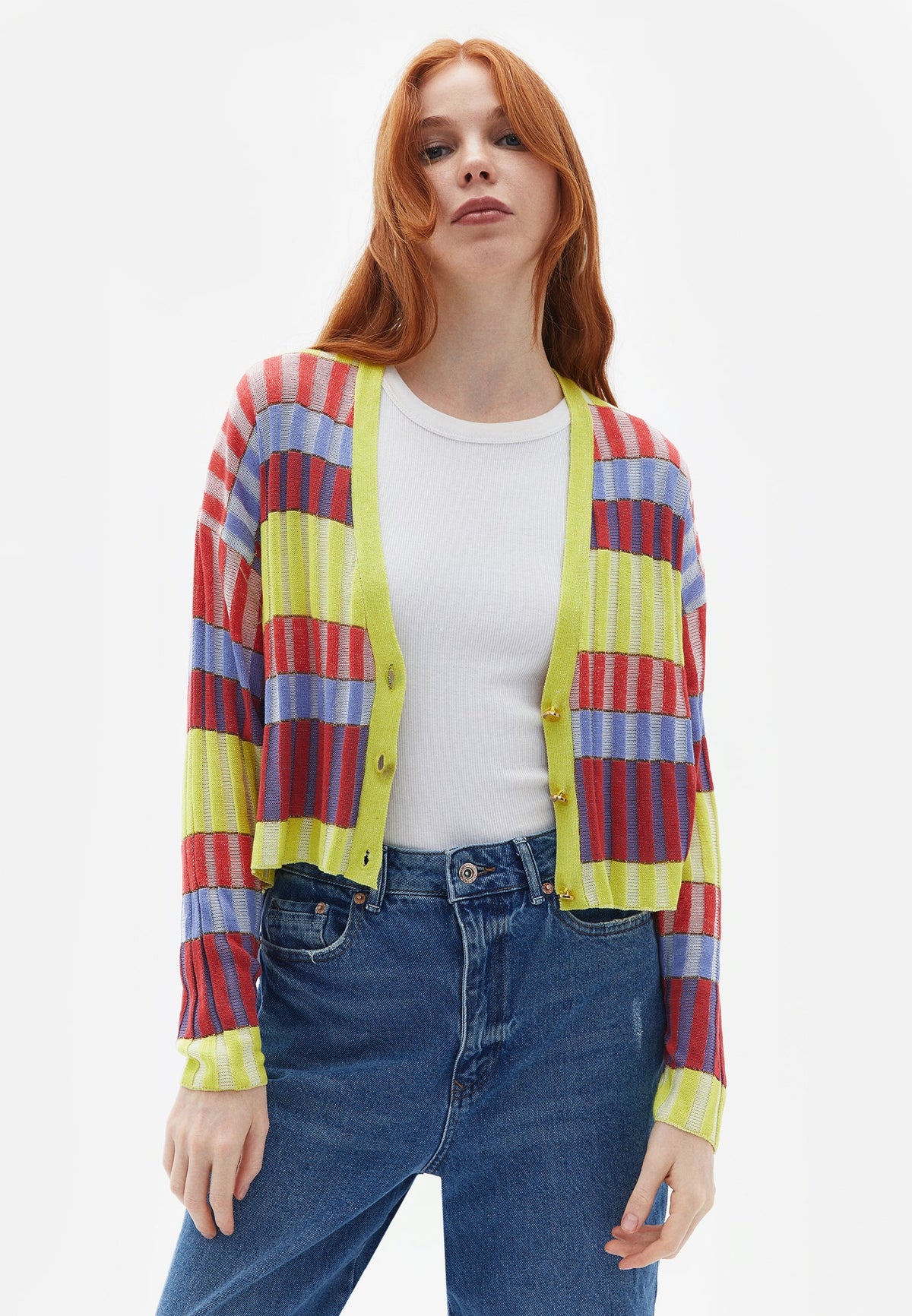 Loose Fit V Neck Button Detailed Cardigan - STRIPE COMB