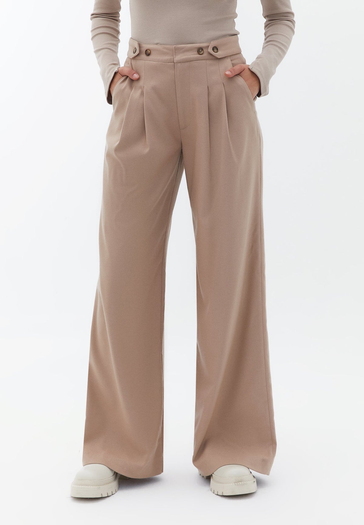 Wide Leg Pants With Button Details - STUCCO