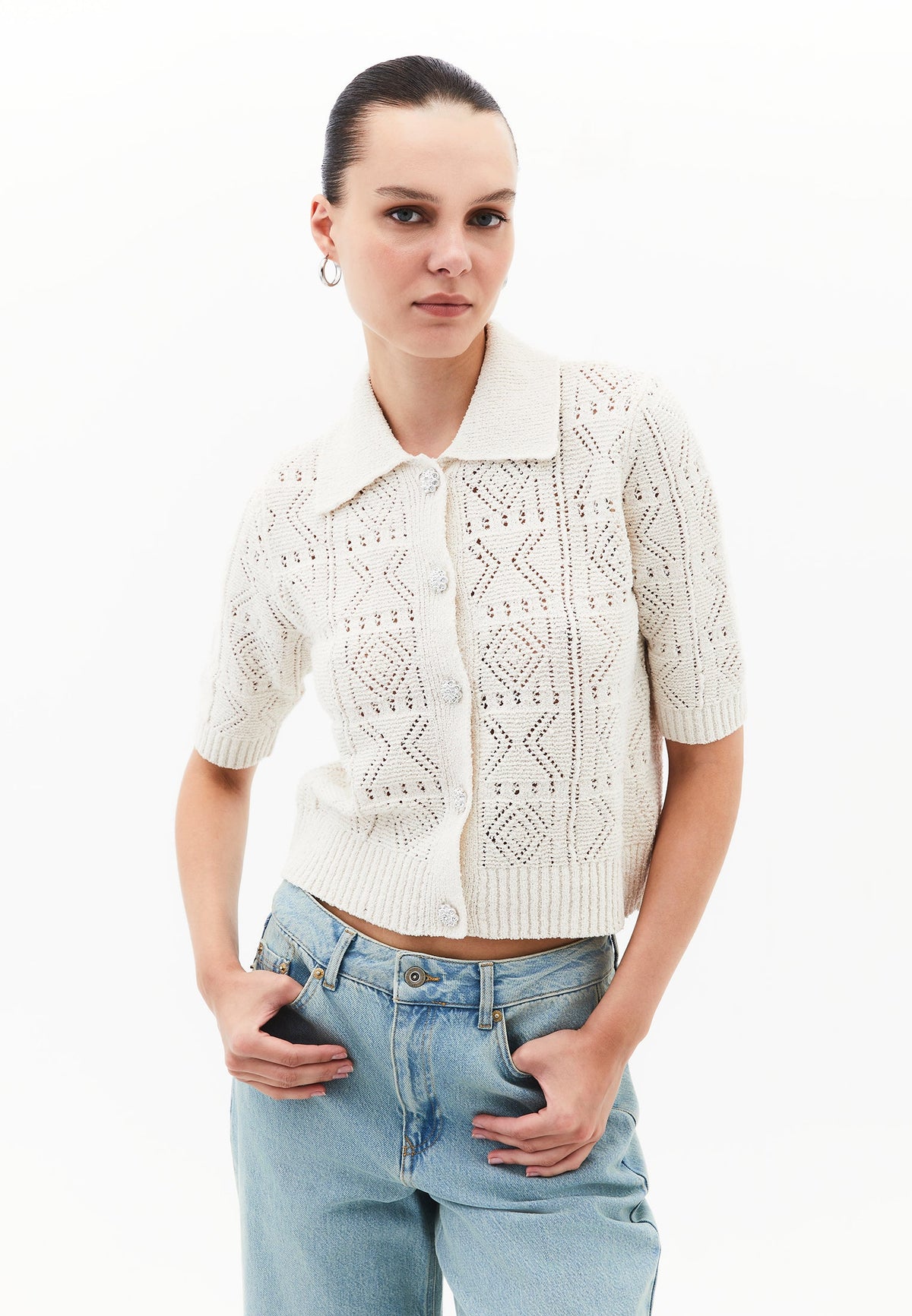 Ajour Short Cardigan With Polo Collar - TURTLEDOVE