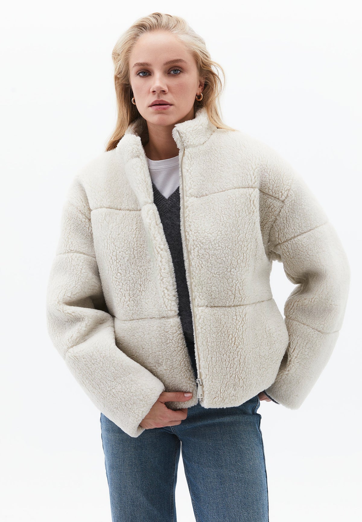 High Collar Bouclé Short Jacket - TURTLEDOVE