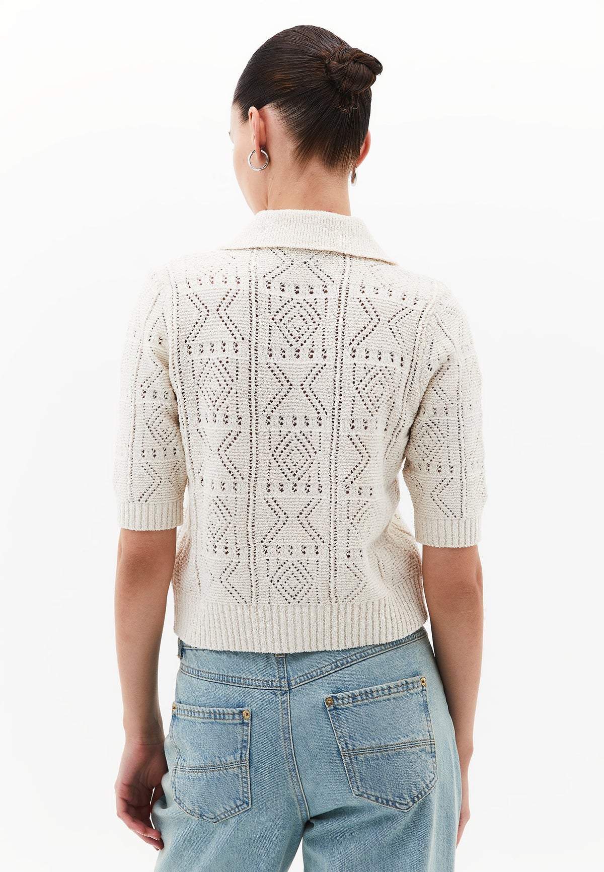 Ajour Short Cardigan With Polo Collar - TURTLEDOVE