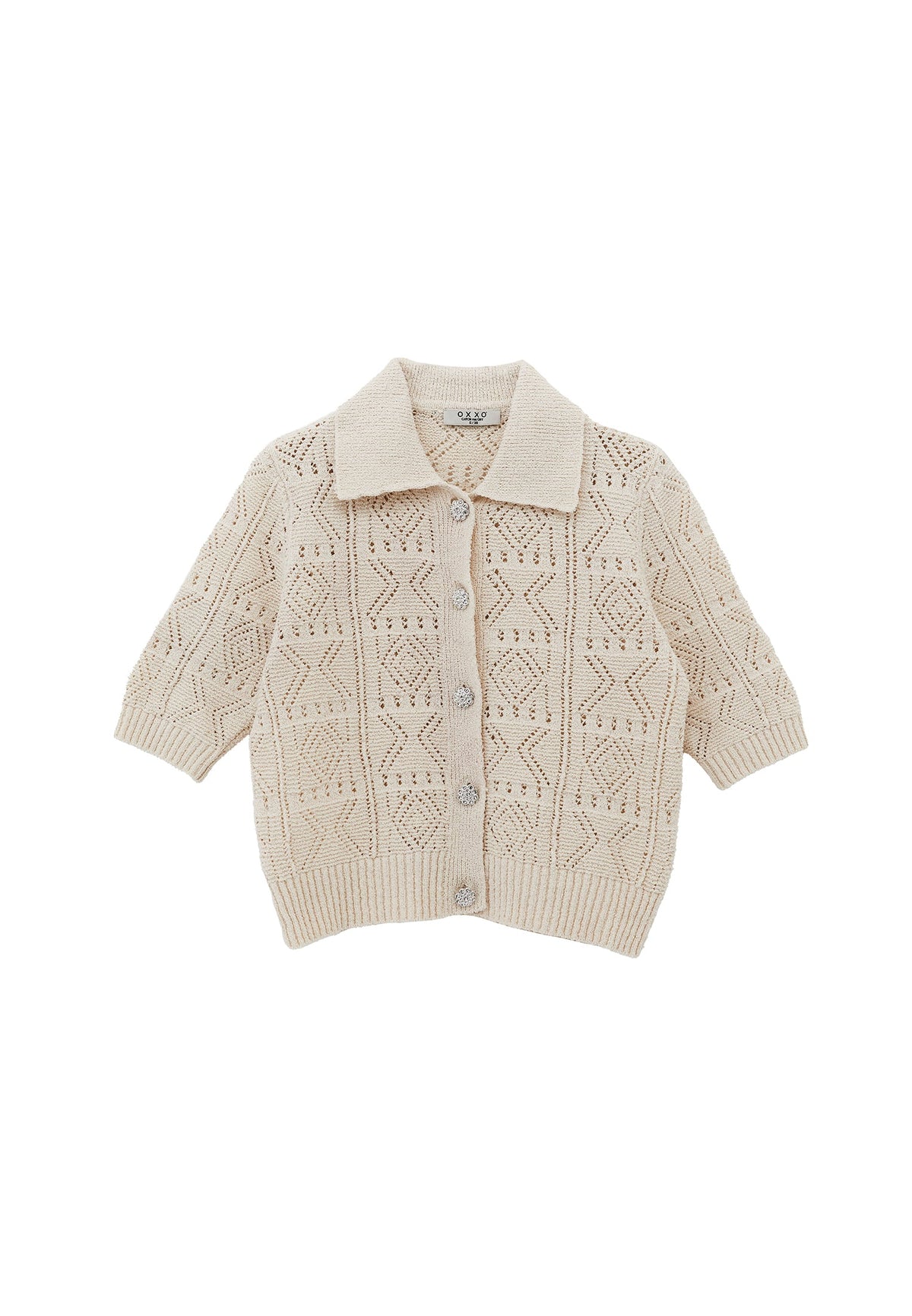 Ajour Short Cardigan With Polo Collar - TURTLEDOVE