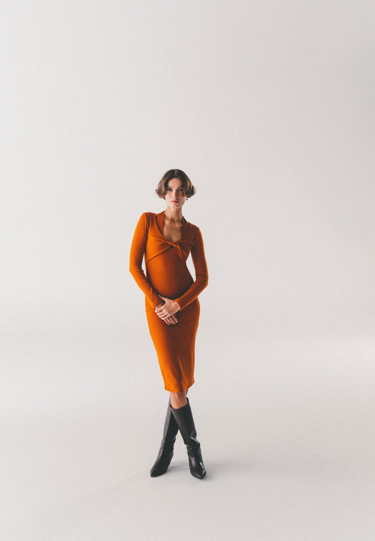 V Neck With Twisted Waist Long Sleeve Dress - UMBER