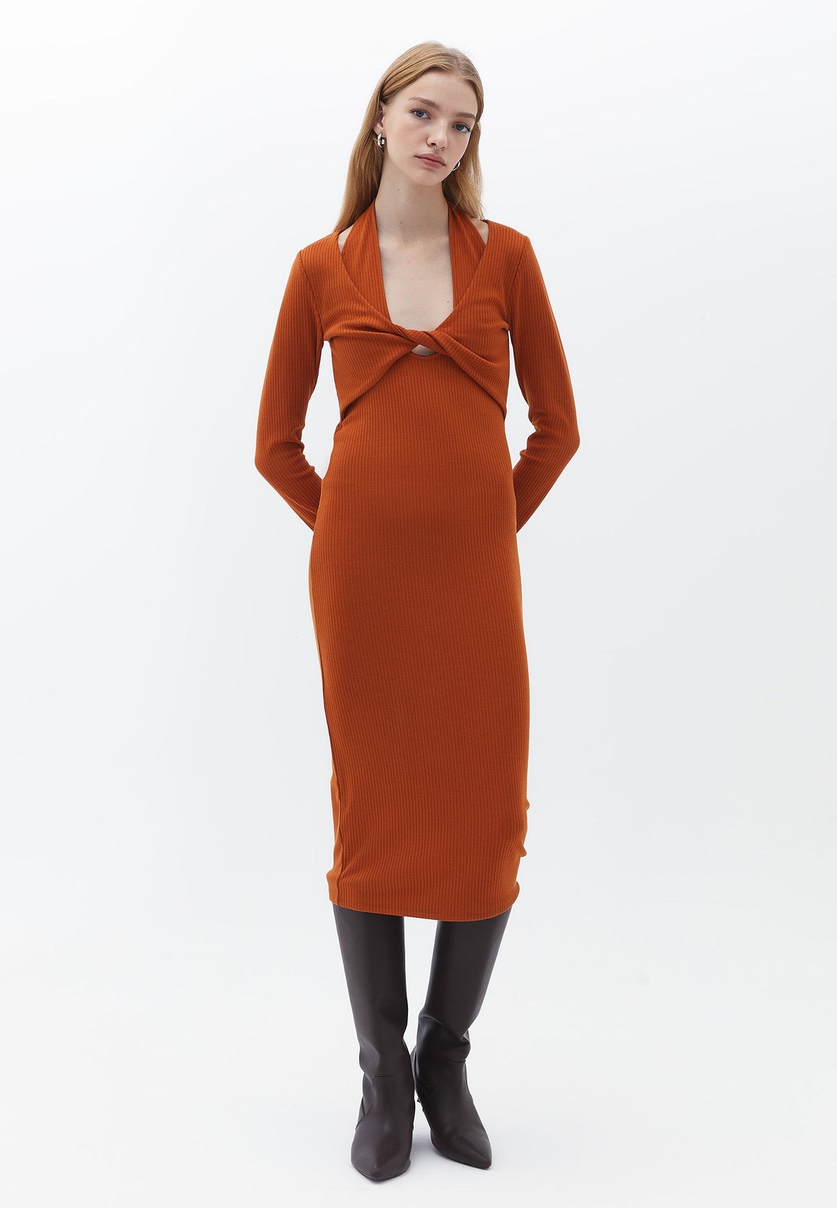V Neck With Twisted Waist Long Sleeve Dress - UMBER