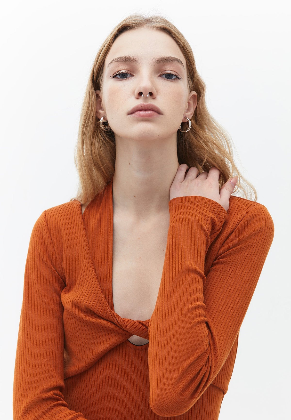 V Neck With Twisted Waist Long Sleeve Dress - UMBER