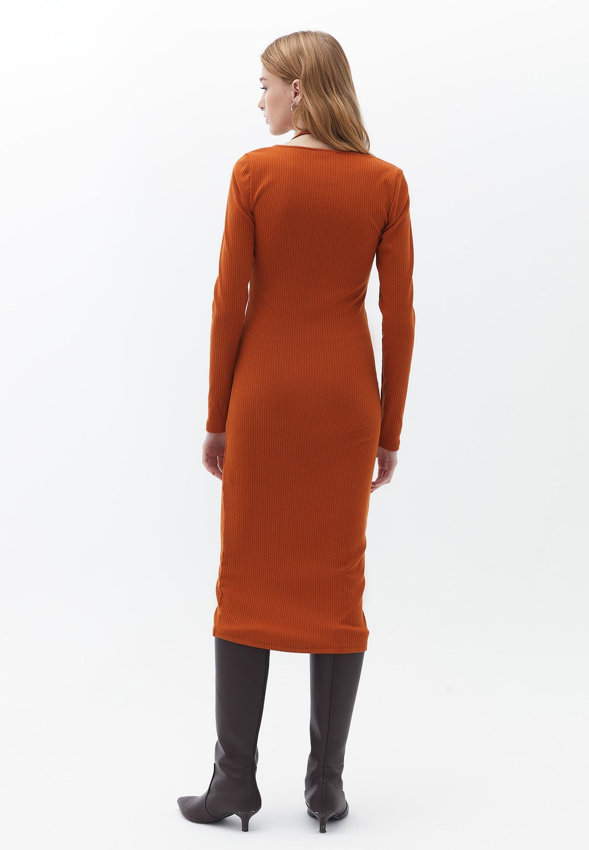 V Neck With Twisted Waist Long Sleeve Dress - UMBER