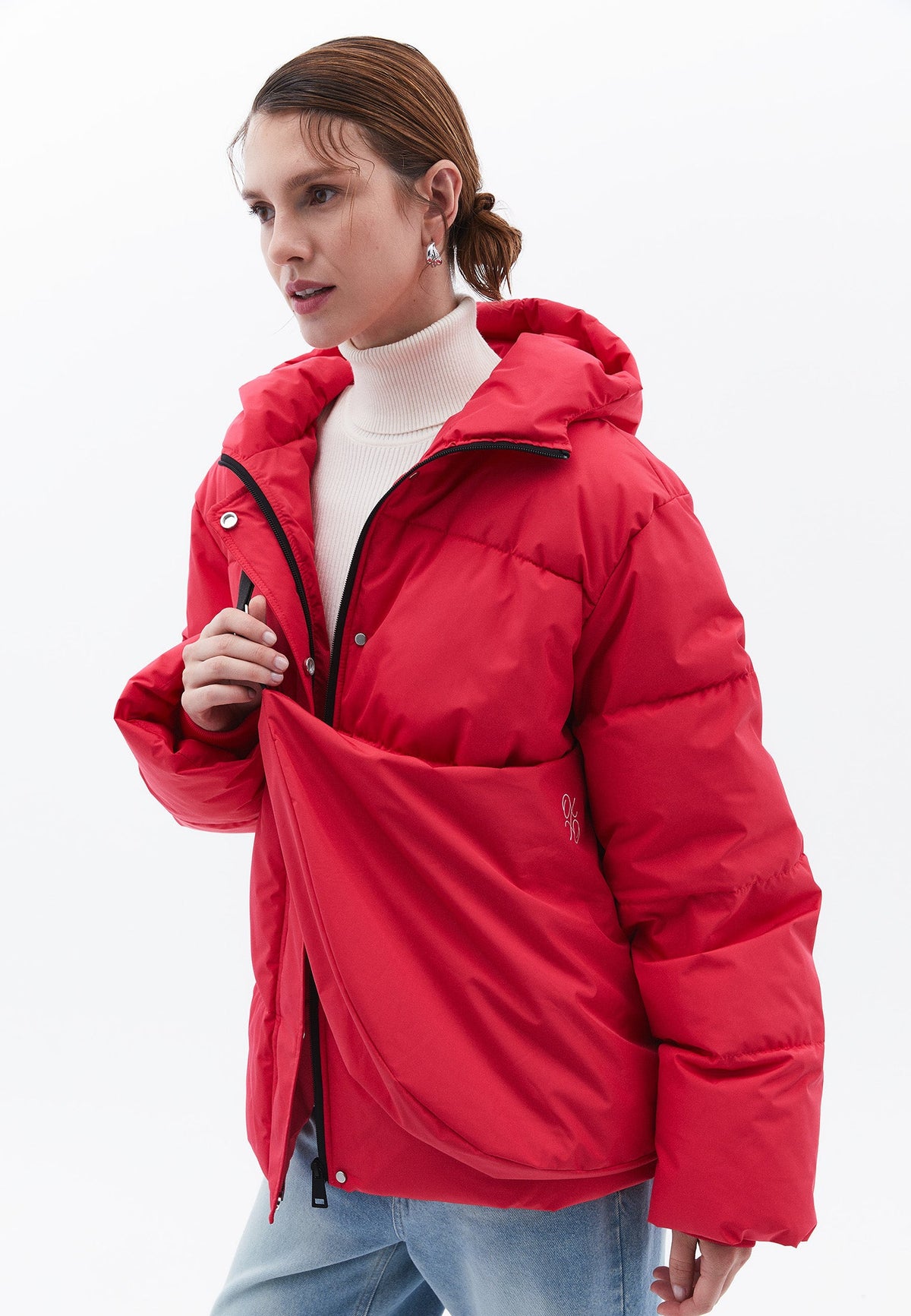 High Collar Long Sleeved Women's Coat - VIVA MAGENTA