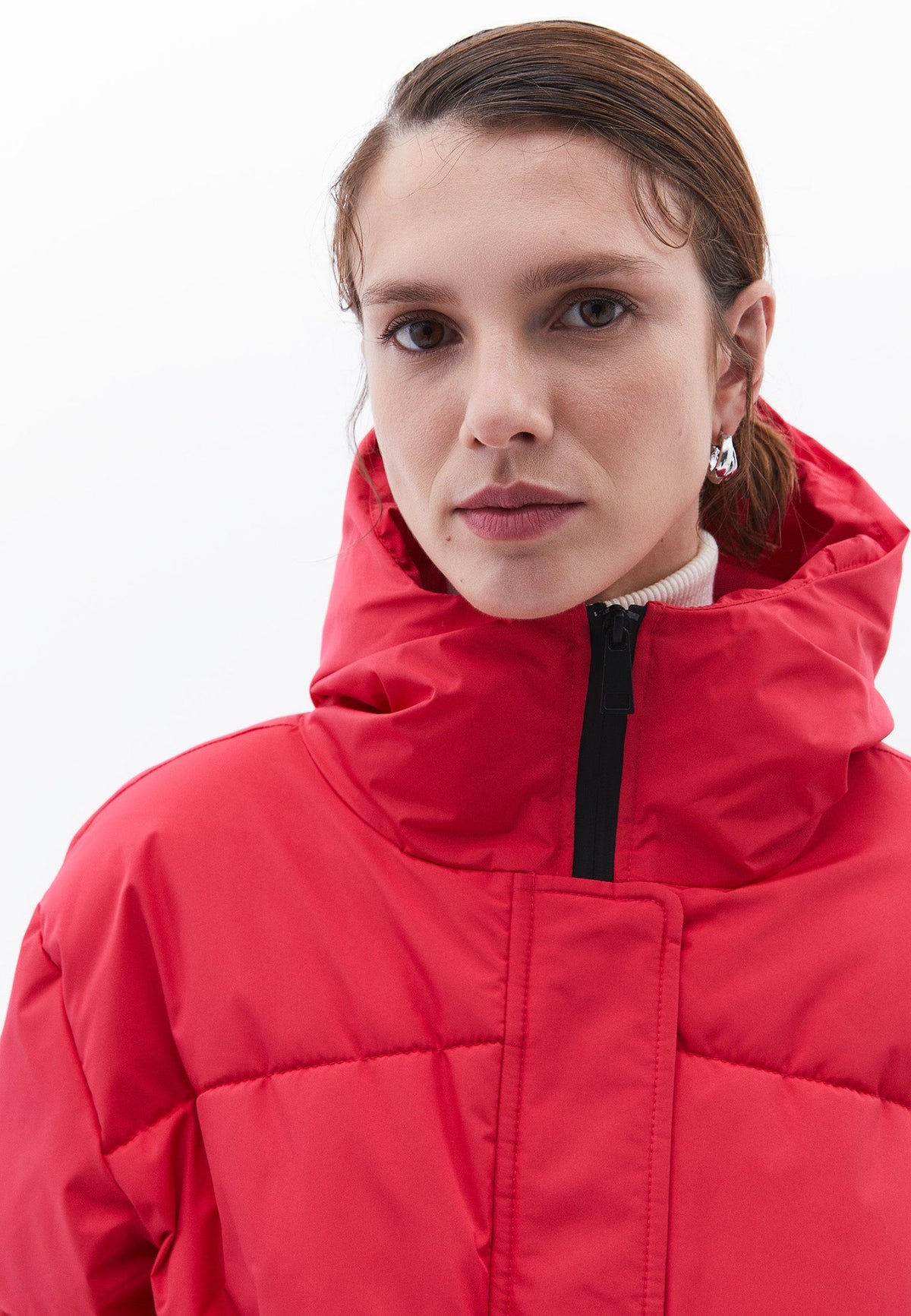 High Collar Long Sleeved Women's Coat - VIVA MAGENTA