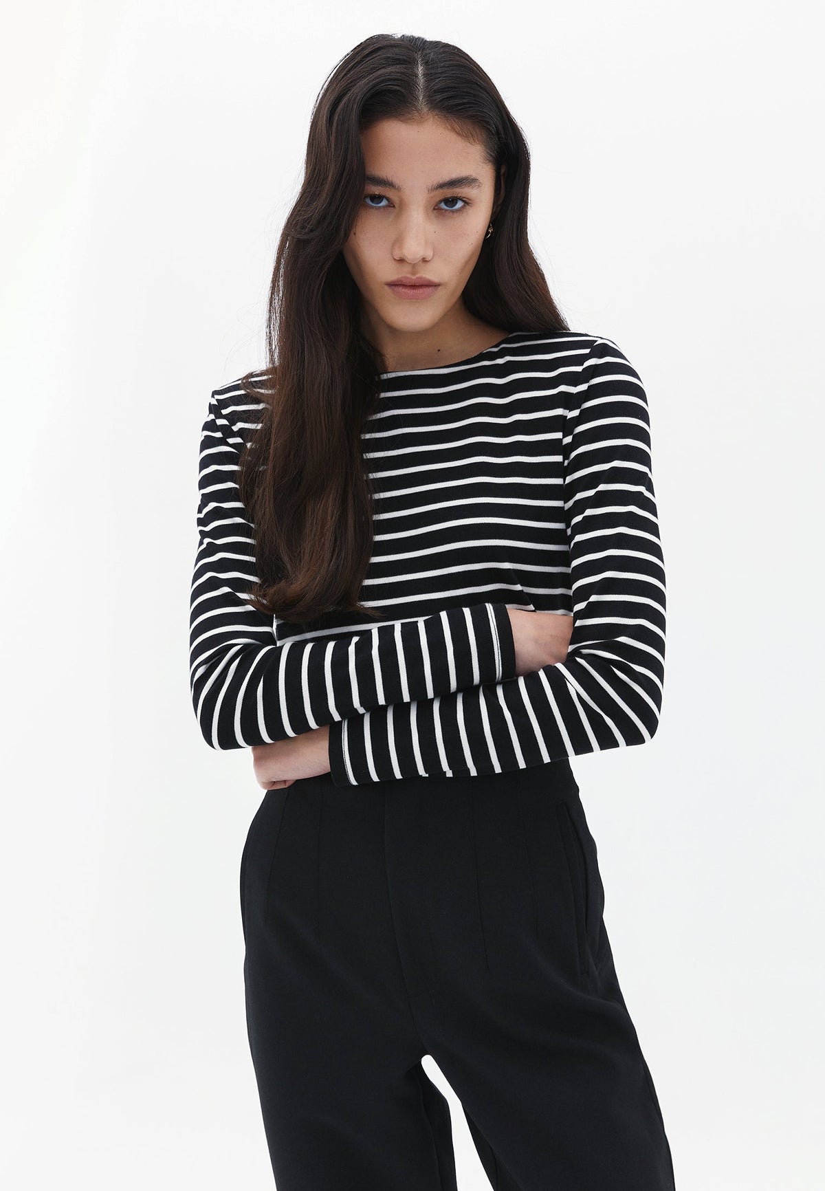 Long Sleeve Boat Neck Sweatshirt - BLACK/WHITE