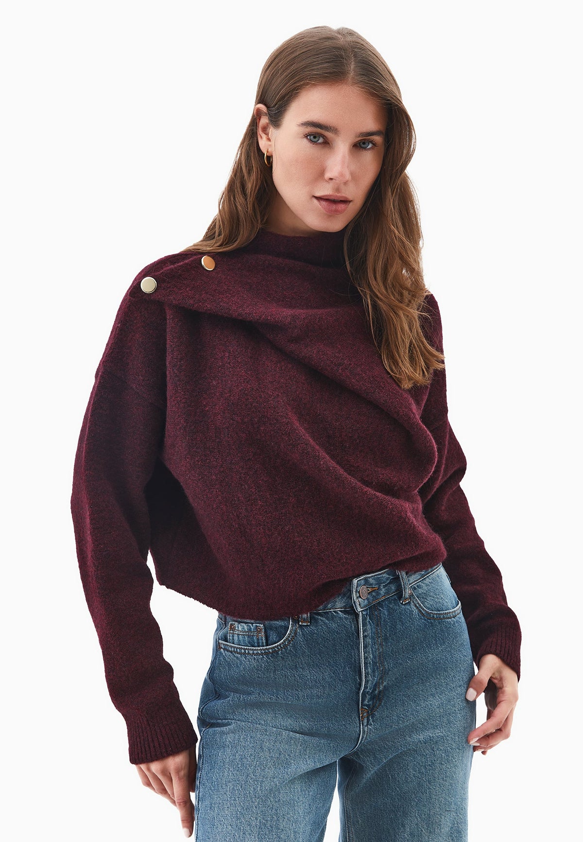 High Neck Button Detailed Sweater - WINETASTING