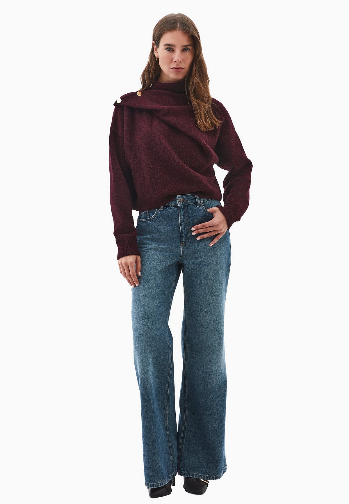 High Neck Button Detailed Sweater - WINETASTING